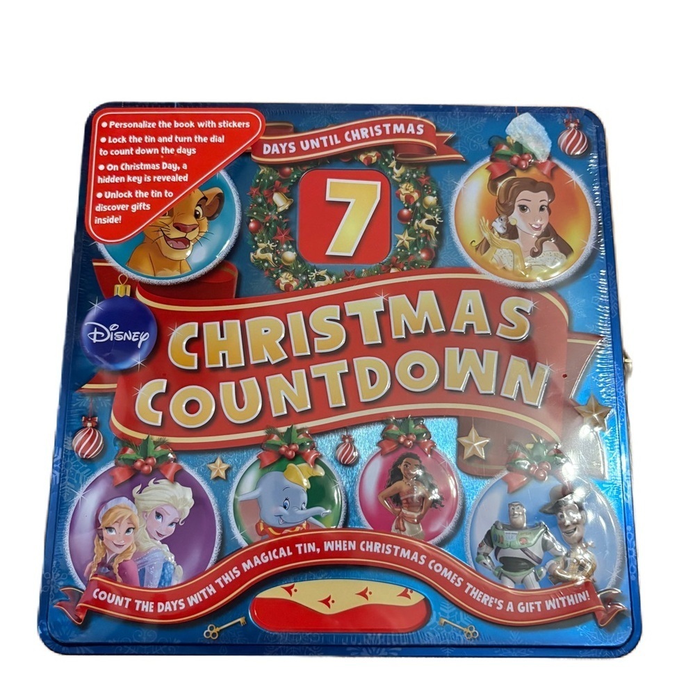 Disney Christmas Countdown Tin NEW 7 Days Lock and Key Elsa Belle Toy Story